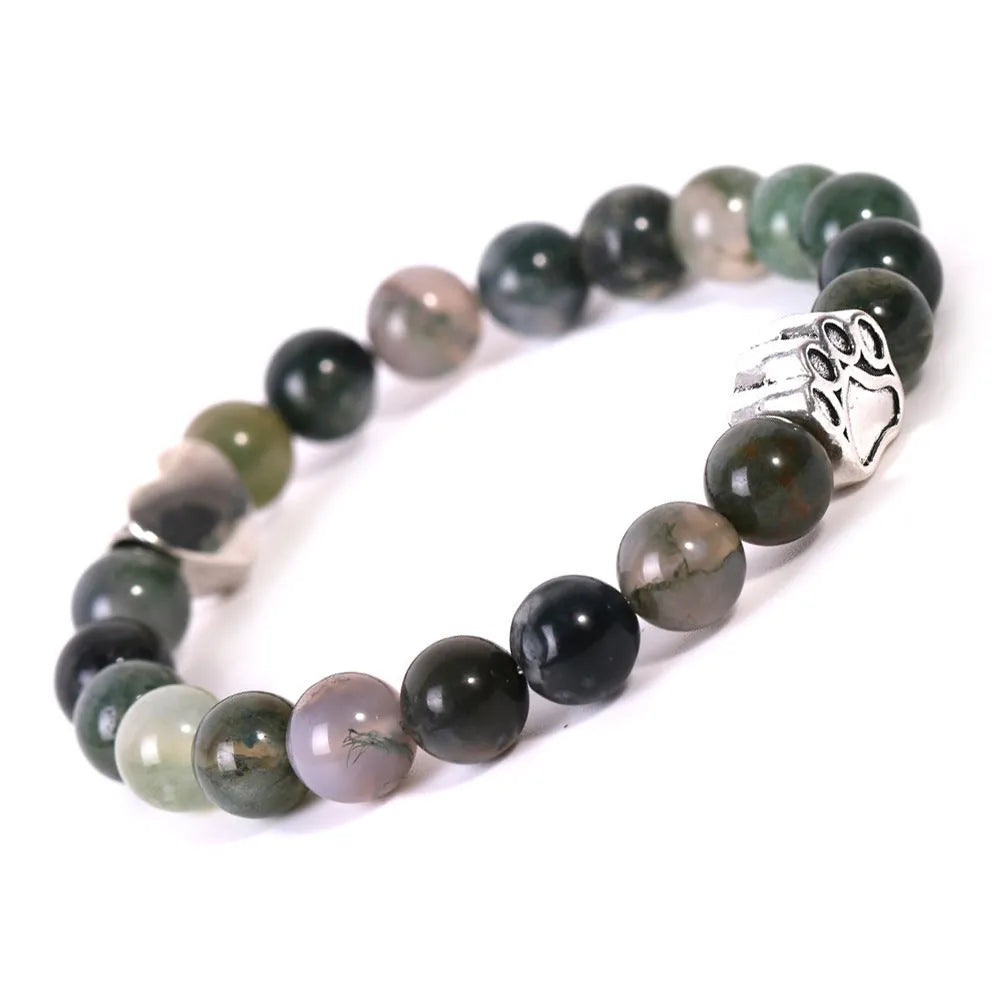 Tigereye stone bracelet with dog's paw charm, Indian agate beads, and a love heart charm on a beaded band.
