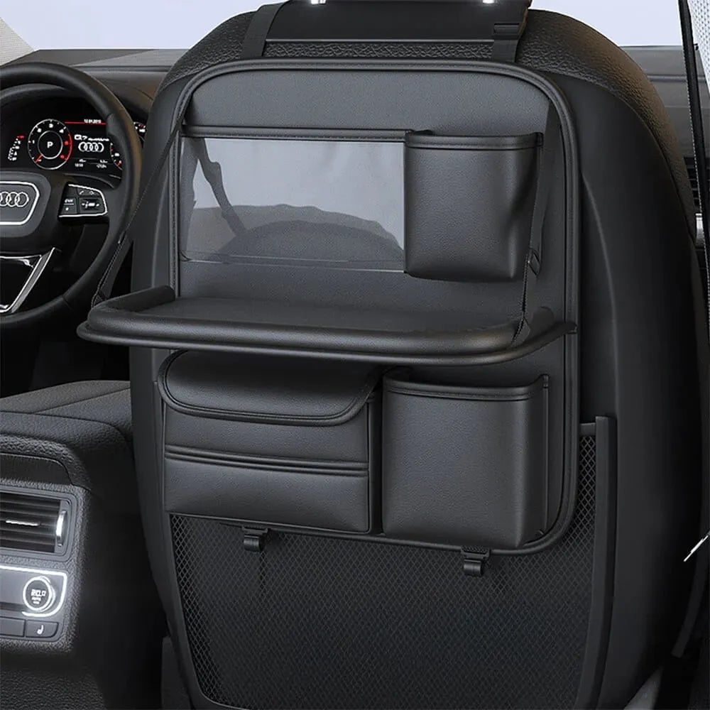 Car seat back storage bag with foldable dining table in waterproof leather construction
