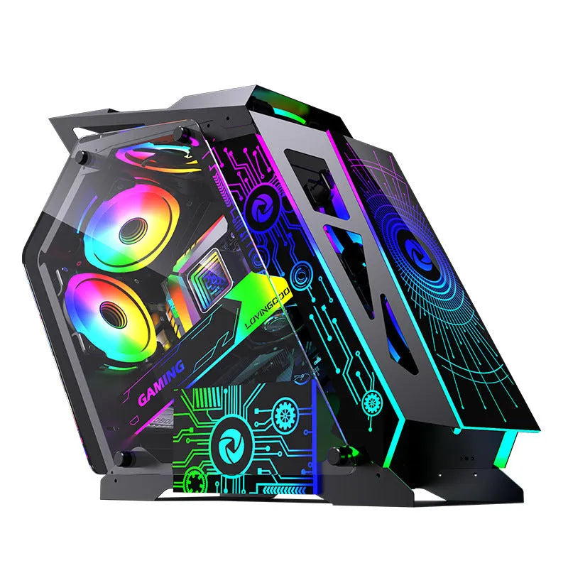 Special-shaped table computer case in bare metal finish with internal RGB fan lighting visible