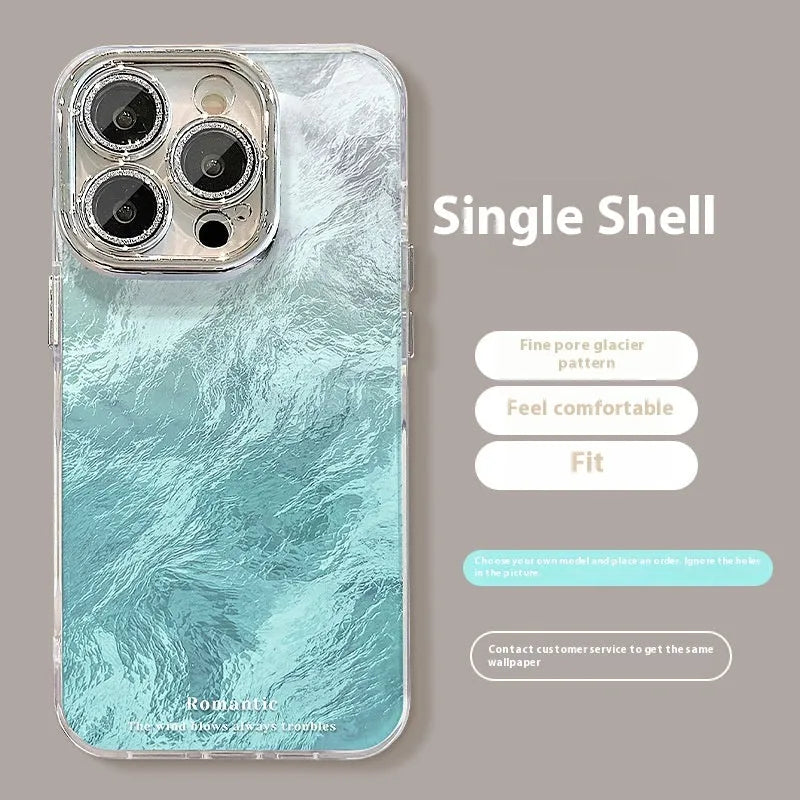 Ice blue and silver gradient hard PC iPhone case with chain and invisible bracket options
