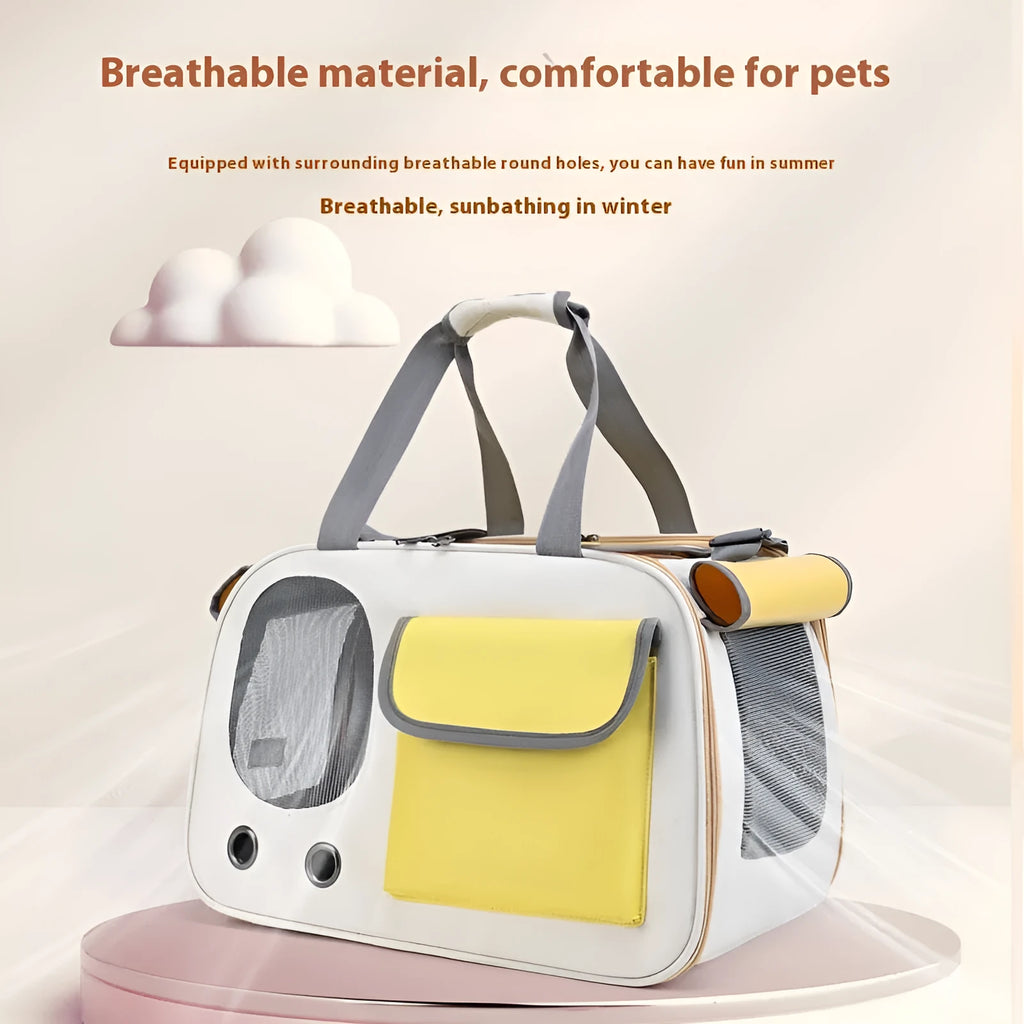 Foldable single shoulder pet carrier bag in canvas material shown in yellow colour.