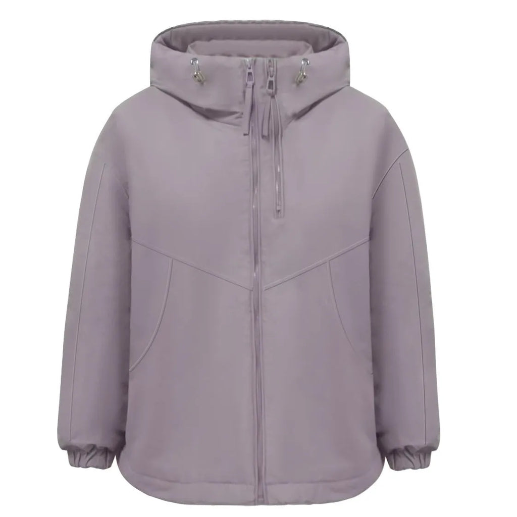 Women's loose fit hooded shell jacket in polyester, shown in grey, black, or purple.