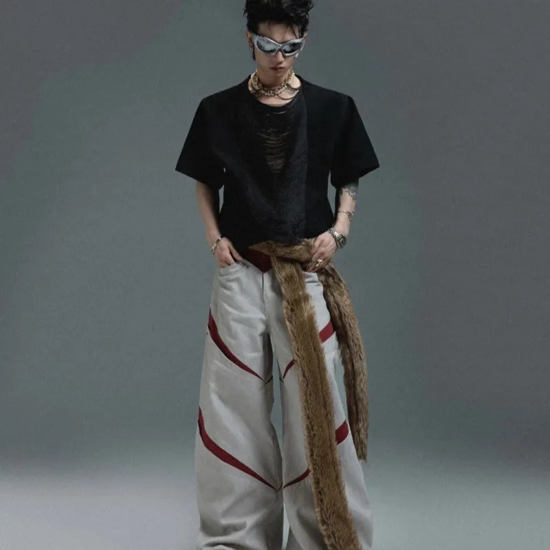 Men's black hollow out V-neck loose fit polyester T-shirt with tassel detail