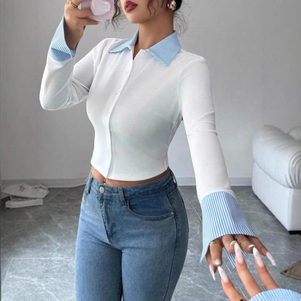 Women's slimming lapel long sleeve fake two-piece shirt in solid white polyester