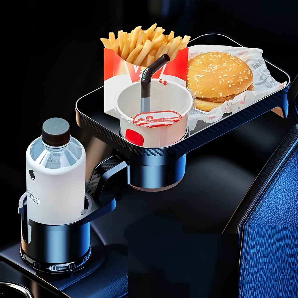 Black ABS plastic rotating dinner tray holder inserted into a car cup holder.