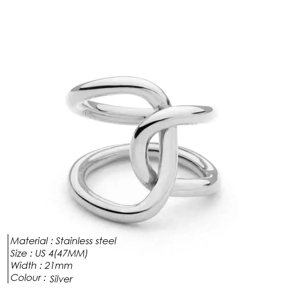 Adjustable knotted stainless steel ring for women in 18K gold or steel colour, showing U-shaped geometric design.