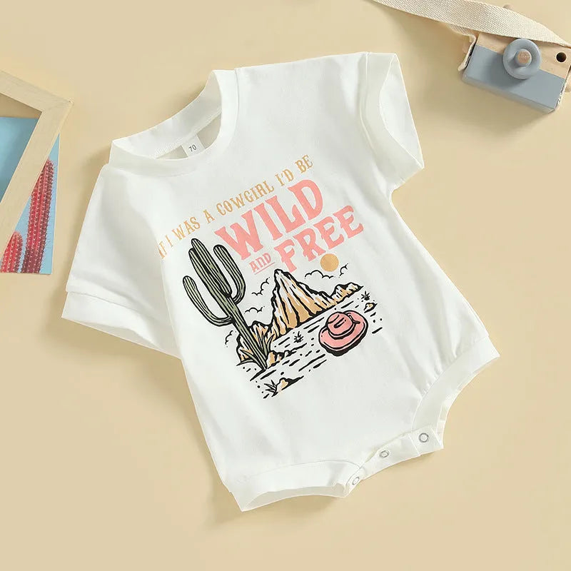 White girls cotton jumpsuit with cactus print on front, round neck, suitable for 70-100cm height
