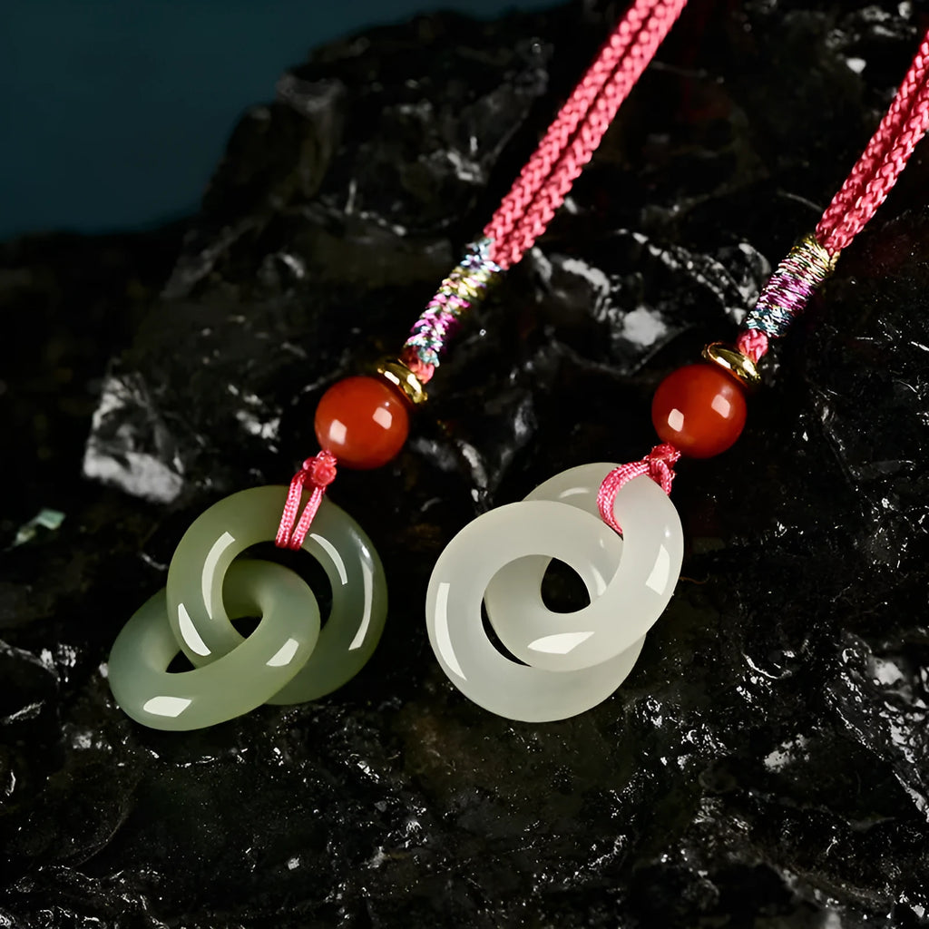 Hand-woven natural Hetian jade peace buckle necklace in 12mm or 15mm, light or dark colour