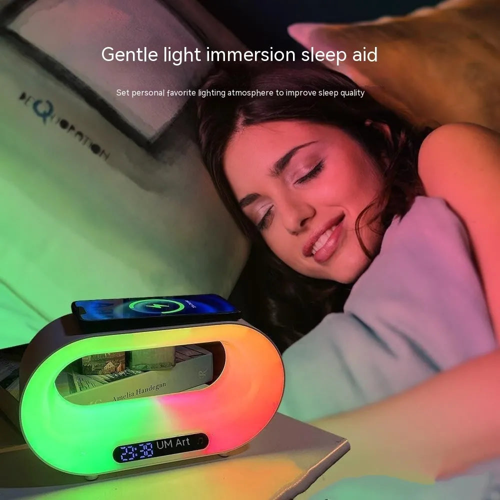 White smart desk lamp with central wireless charging pad and surrounding RGB LED light strip