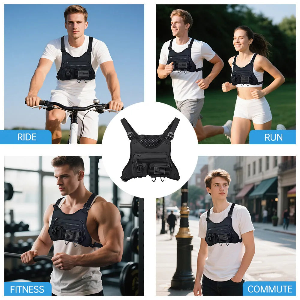 Men's outdoor chest bag in Oxford cloth with breathable vest design, available in black, blue, or grey