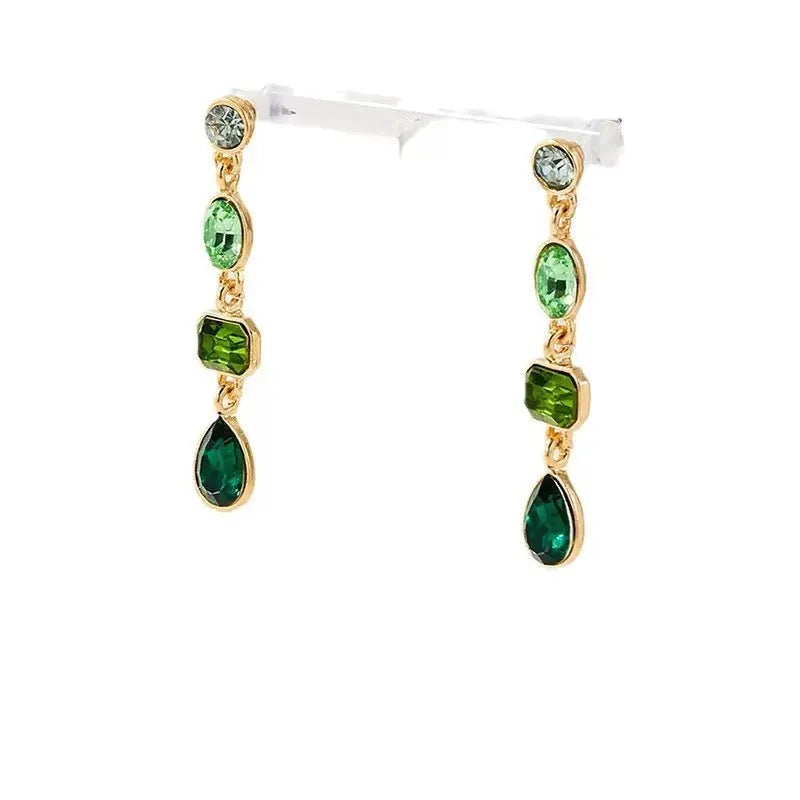 Round stud geometric tassel drop earrings for women, green colour, 8.5 cm length, alloy and imitation pearl beads