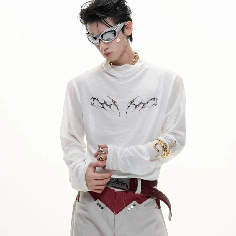 Black mesh slim-fit long sleeve bottoming shirt on a hanger, showing its lightweight texture and close cut.