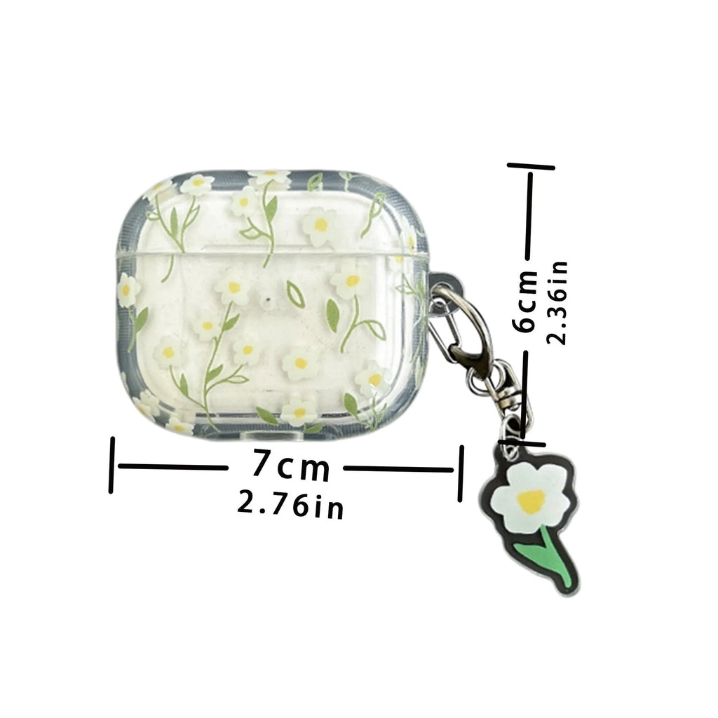 Clear TPU AirPods protective case cover with white floral design on transparent background