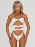 Women's navy blue one-piece swimsuit with a hollow out design detail on the front