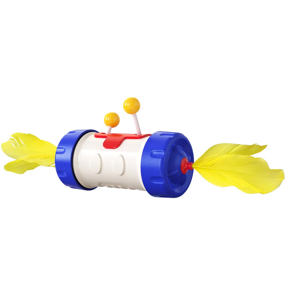 Adjustable cat fishing pole toy with colourful feathers and rolling tumble ball for interactive play