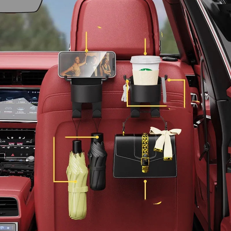 Black plastic car seat back organiser with a cup holder and two hanging hooks