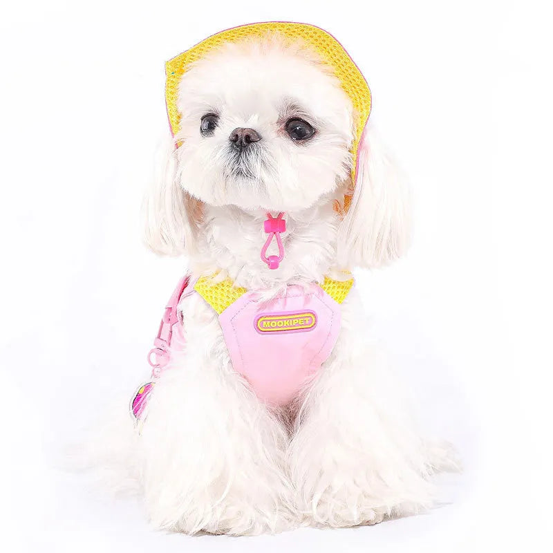 Pink polyester pet vest for small dog breeds on mannequin showing casual pull-on style