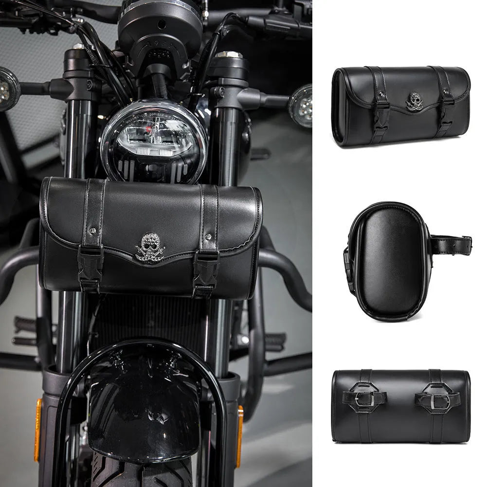 Punk retro style black PU motorcycle pannier bag mounted on a bike.