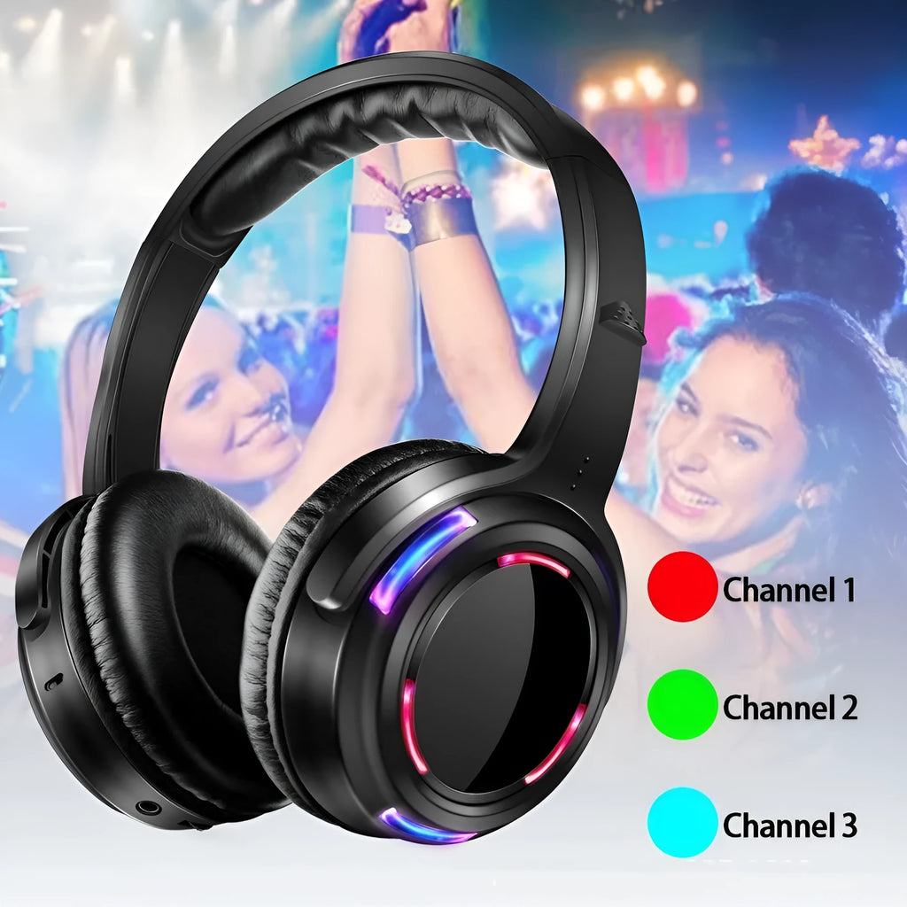 Black over-ear silent disco wireless headphones with 40mm drivers and a 3.5mm cable