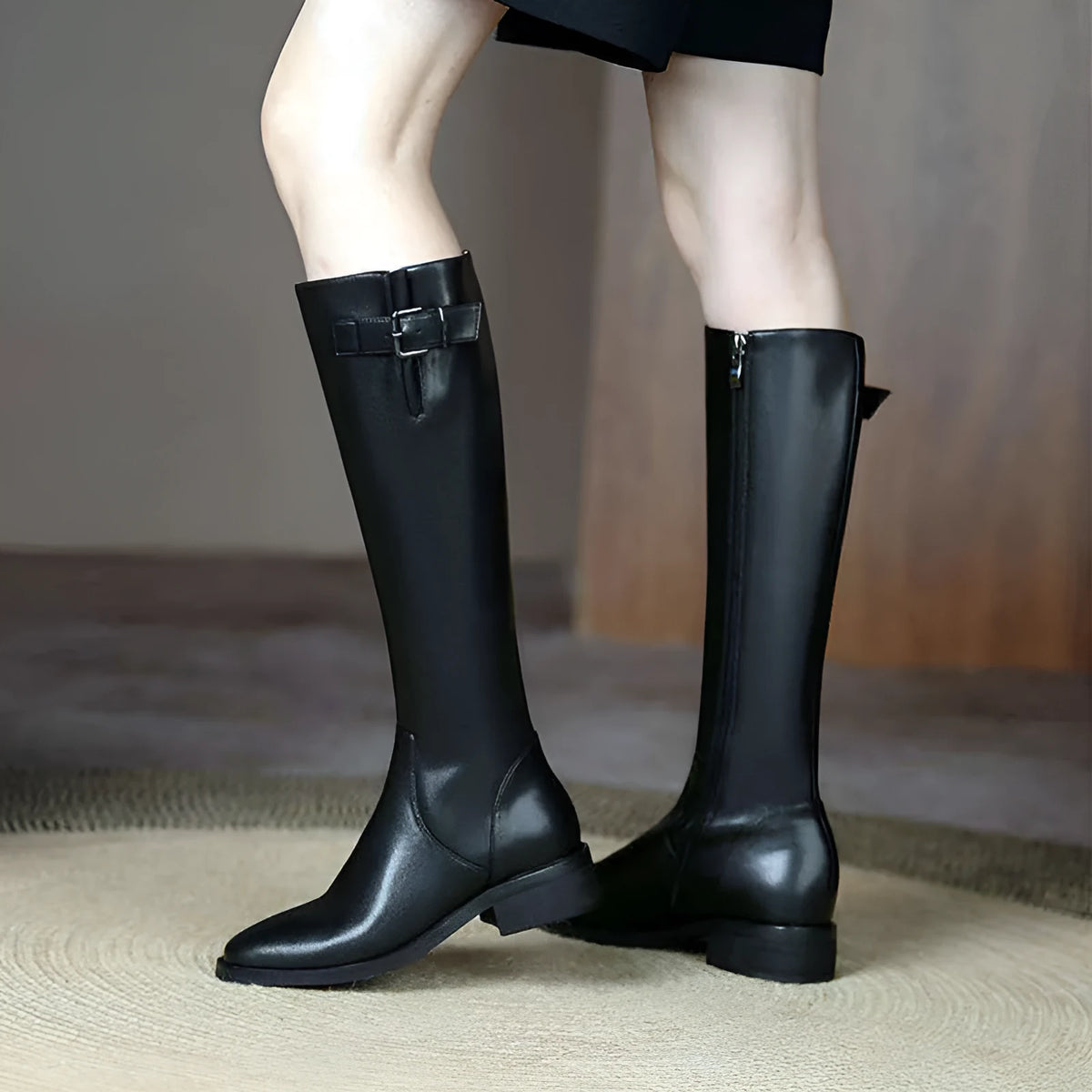 Women's knee-high boots with low chunky heel, microfiber upper, black or brown, sizes 35-40