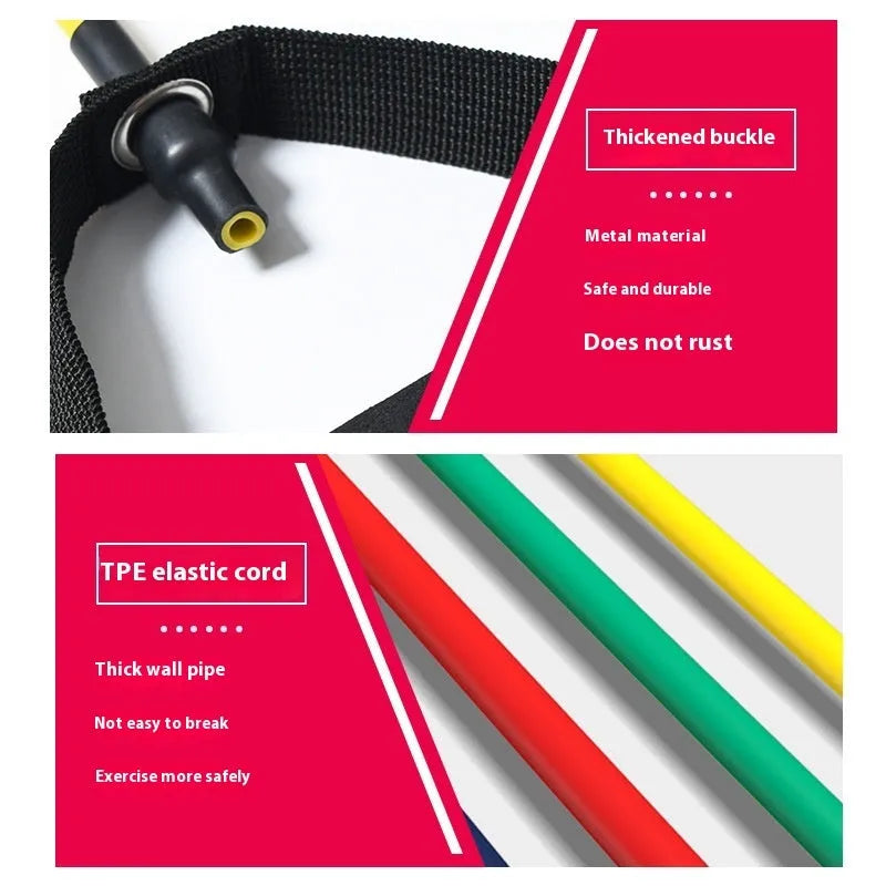 Set of five colour-coded TPE resistance bands for an adjustable chest expander: yellow, green, red, blue, and black.