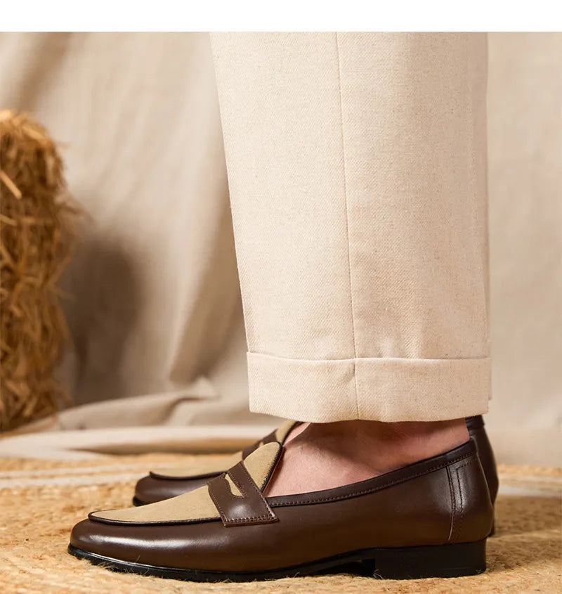 Coffee grey Belgian loafers slip-on shoes with high-gloss suede leather upper and rubber sole