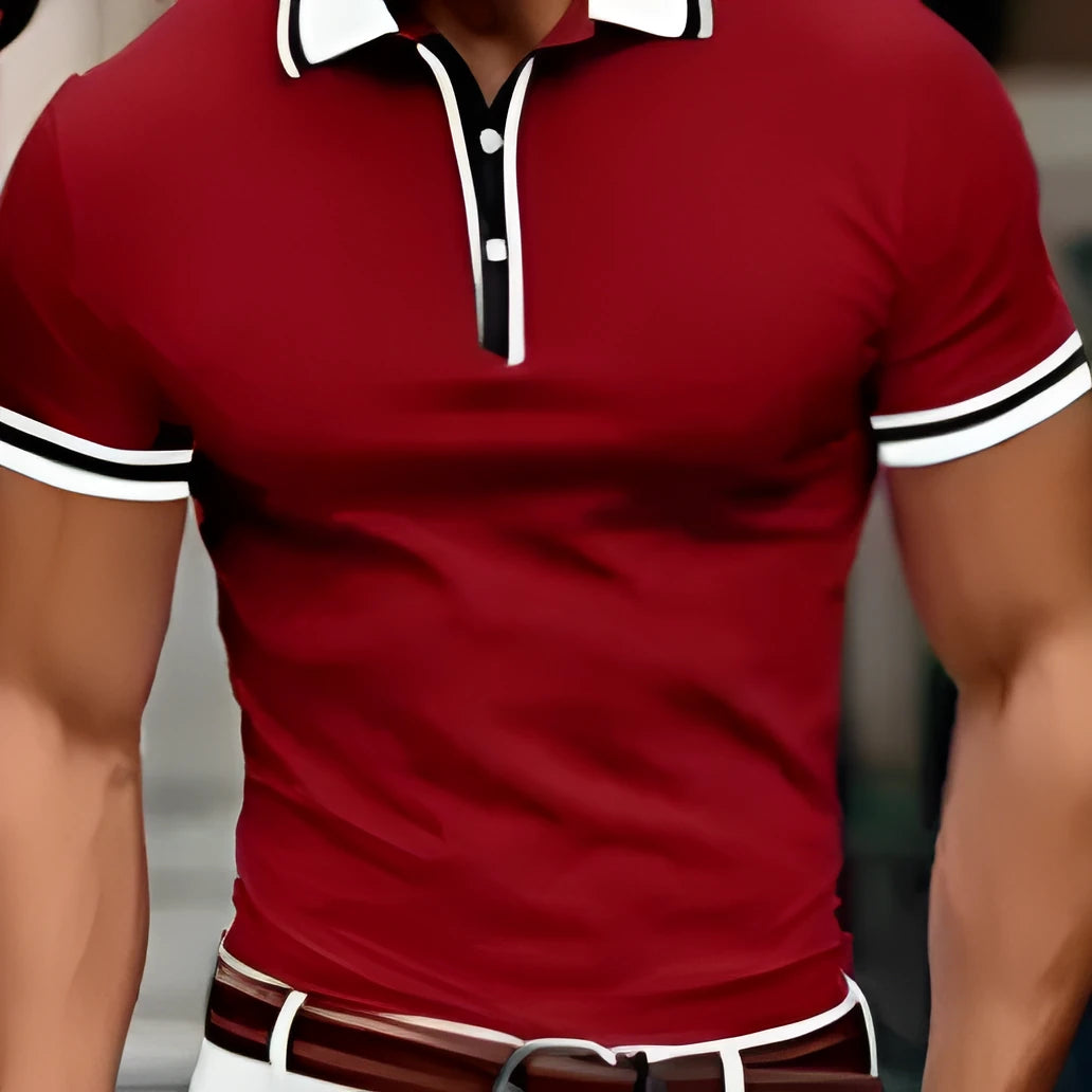 Men's thin breathable lapel button pullover T-shirt loose fit polyester blend casual top dark blue front view
