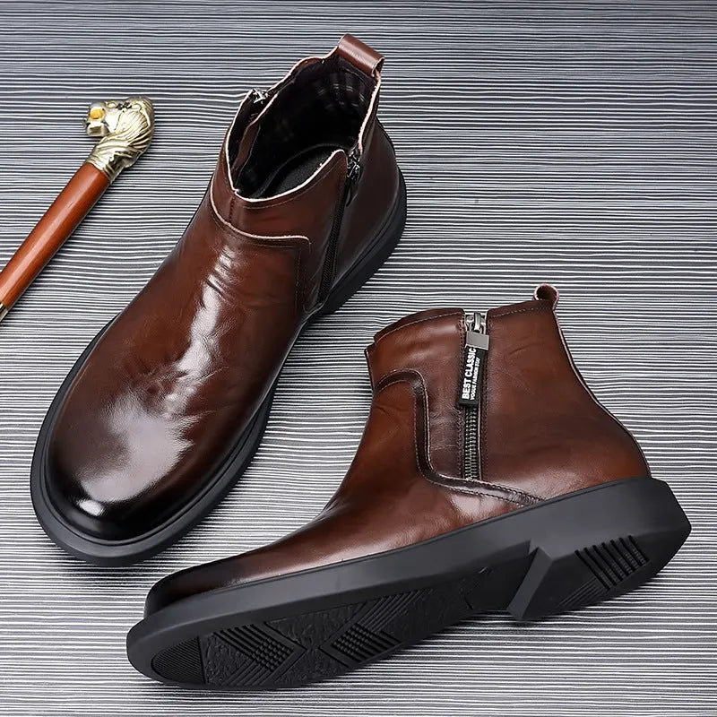 Men's genuine leather Chelsea boots in brown, non-slip rubber sole, round toe, side zipper