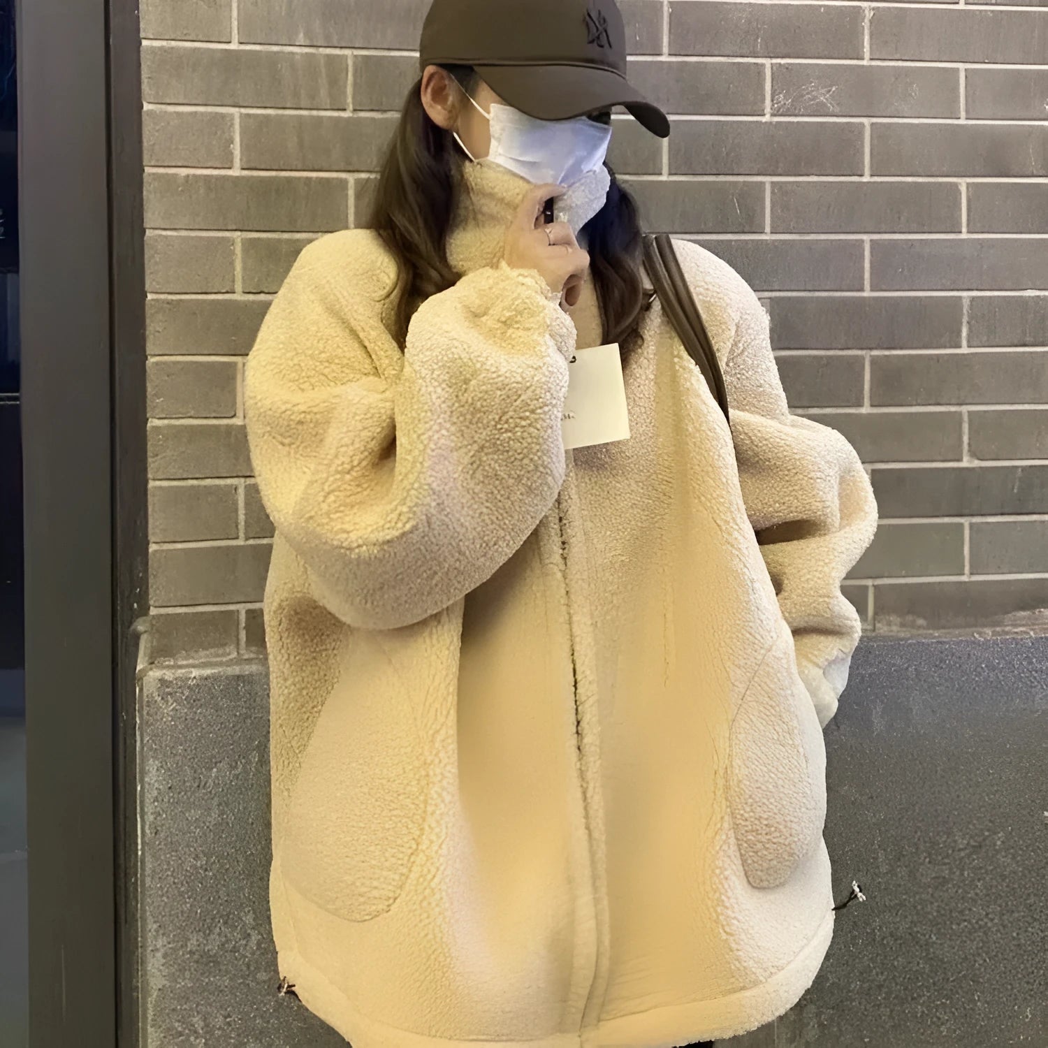 Thickened particle lamb fleece coat for women in beige, regular fit, polyester fabric
