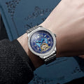 Men's stainless steel mechanical watch with round dial and transparent case back