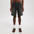 Men's loose fit straight leg jeans in light blue, black, and grey cotton denim