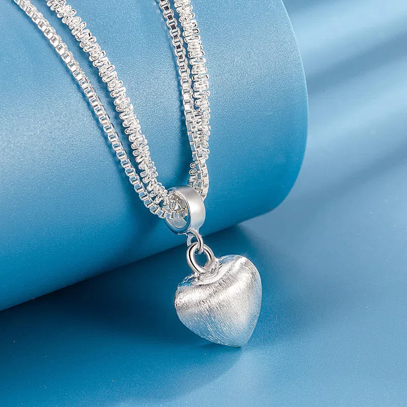 Double layer brushed heart pendant necklace for women with copper electroplating water wave chain