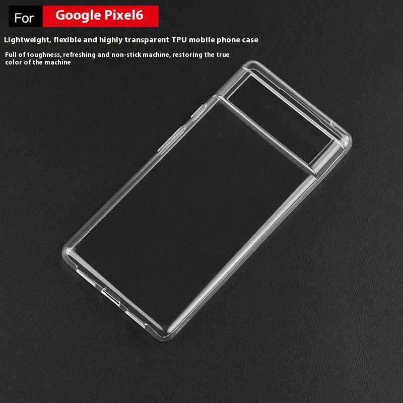 Transparent TPU phone case for Google Pixel 6 with anti-fingerprint coating, laid flat showing cutouts