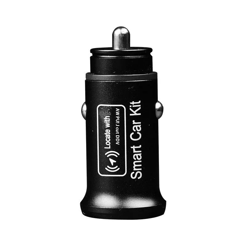 Black car GPS locator with a 12V cigarette lighter plug and a coiled 1.5-metre power cable on a dark surface.
