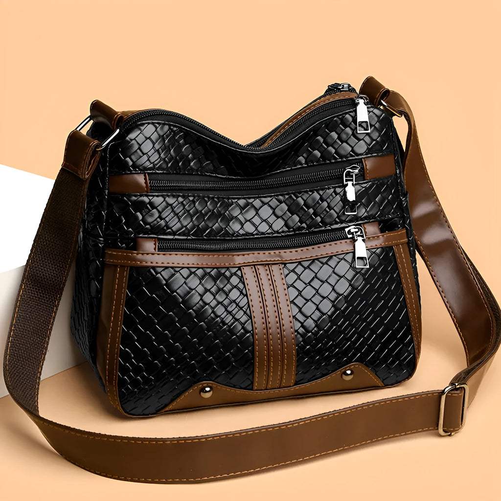 Woven texture single shoulder messenger bag with square shape and internal zipper compartment