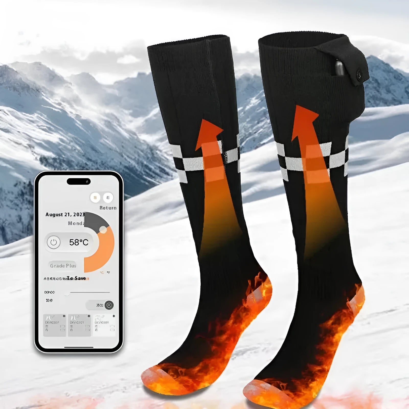 Smart APP controlled heated ski socks in black and gray mesh with far infrared heating and USB rechargeable battery