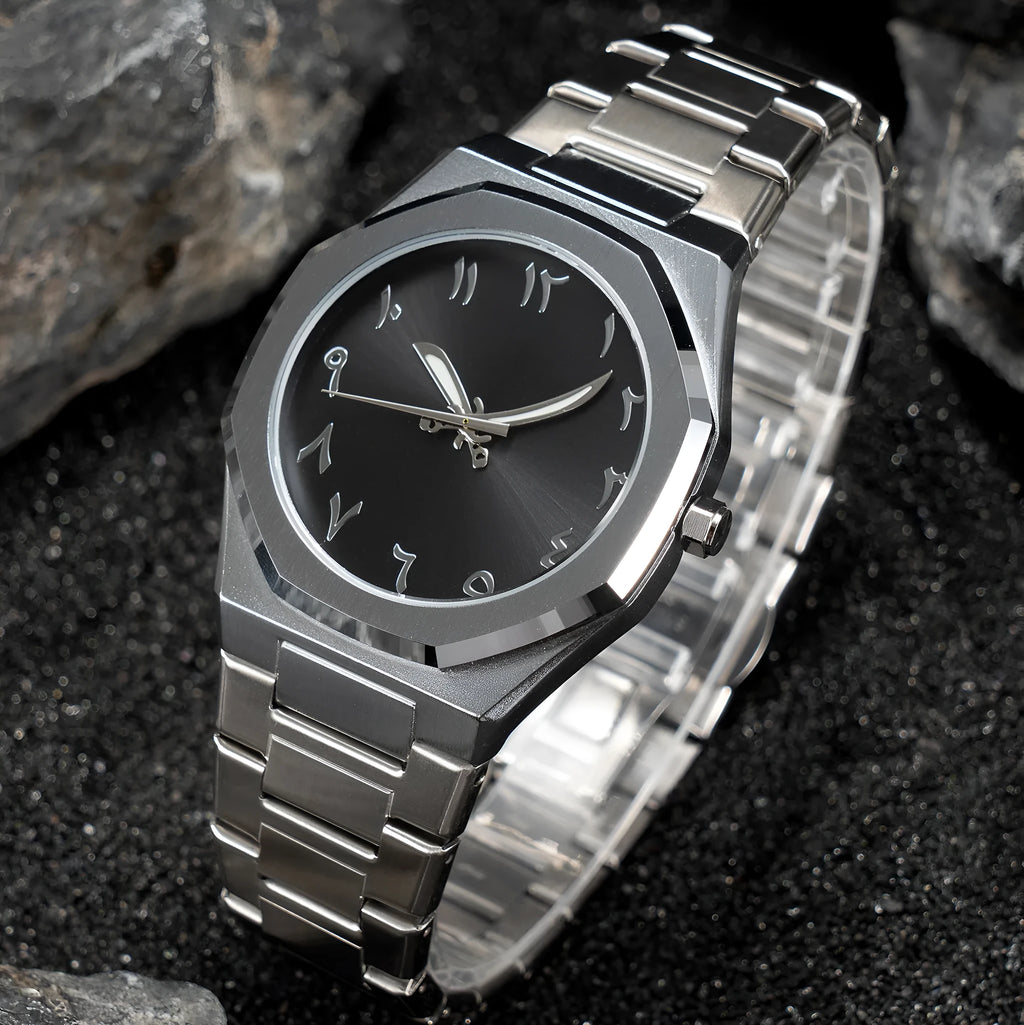 Men's business casual quartz watch with steel bracelet showing slim 10mm case profile
