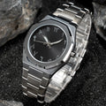 Men's business casual quartz watch with steel bracelet showing slim 10mm case profile