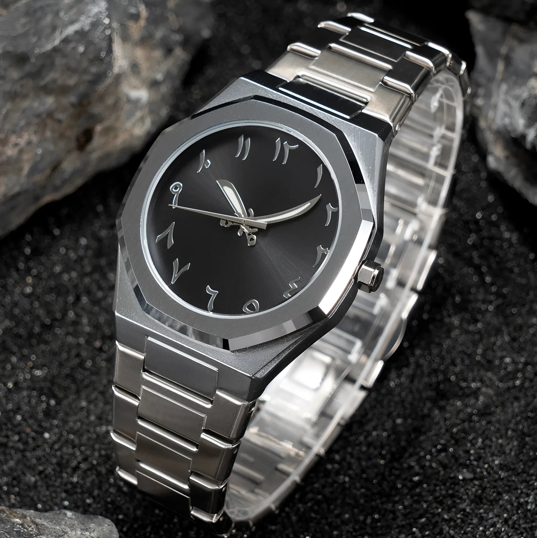 Men's business casual quartz watch with steel bracelet showing slim 10mm case profile