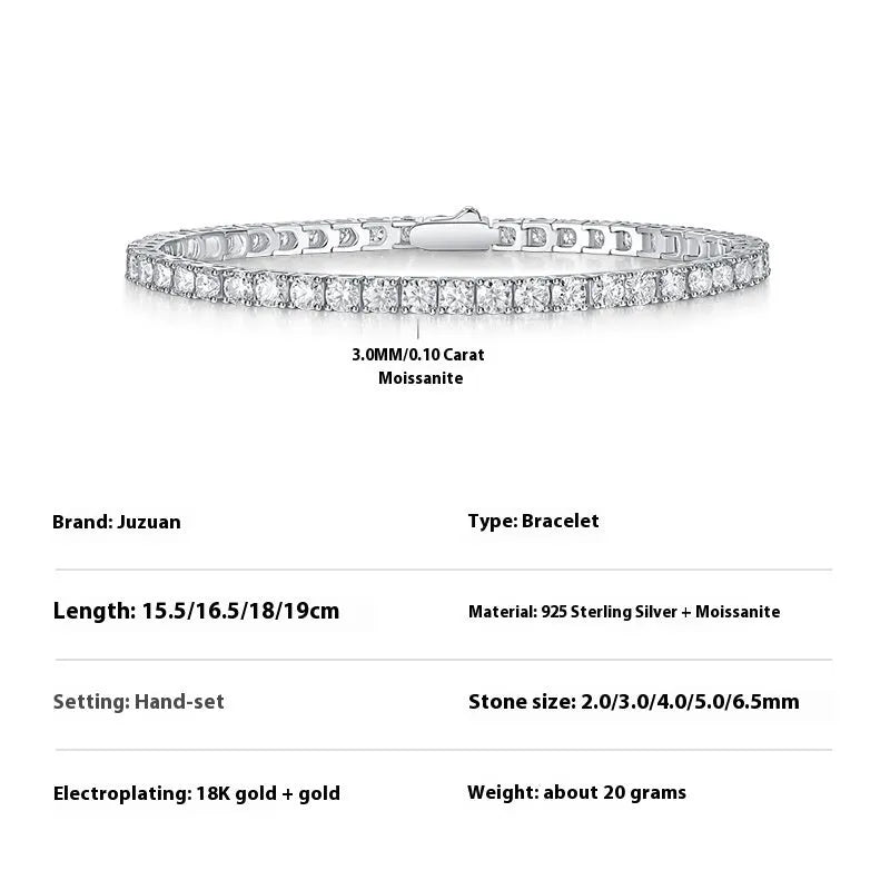 S925 silver moissanite tennis bracelet on wrist, unisex geometric lace design, round stones
