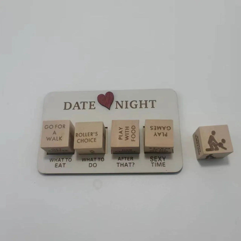 Wooden date night dice game set with five natural wood dice and planner board for couples