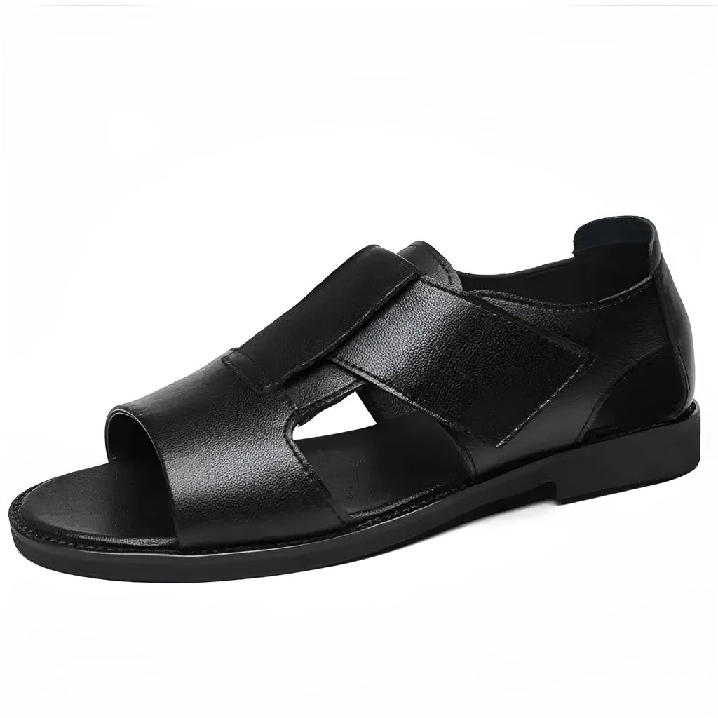 Men's black and brown cowhide leather Roman sandals with open toe and rubber sole.