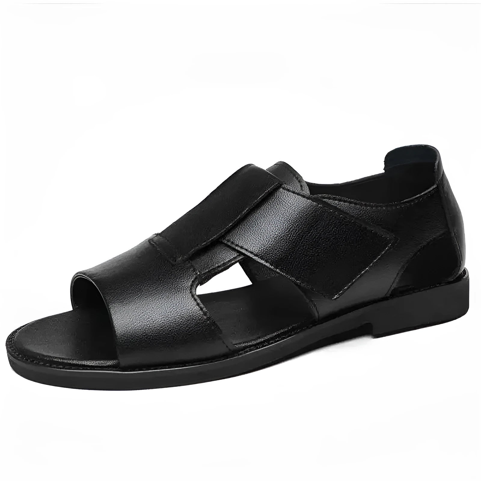 Men's black and brown cowhide leather Roman sandals with open toe and rubber sole.