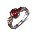 Black gold plated wave shaped ring with red zircon stone on copper band for women Korean style