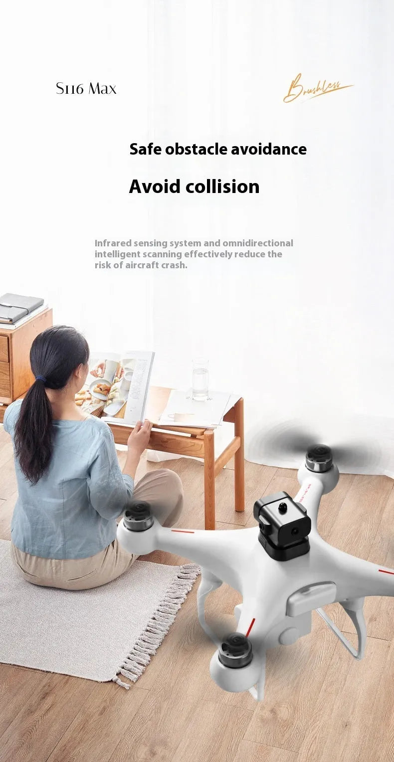 Black HD and White HD coloured brushless UAV drone with four-side obstacle avoidance and dual cameras, showing remote control.