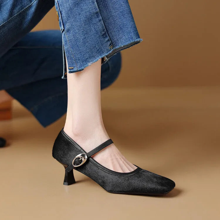 Black women's square toe stiletto heel ankle-strap shoes with a textured horse hair upper.
