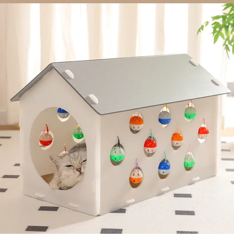 Grey and beige 3-in-1 cat activity centre with sisal scratch pad, round felt nest, and tunnel with dangling bell ball