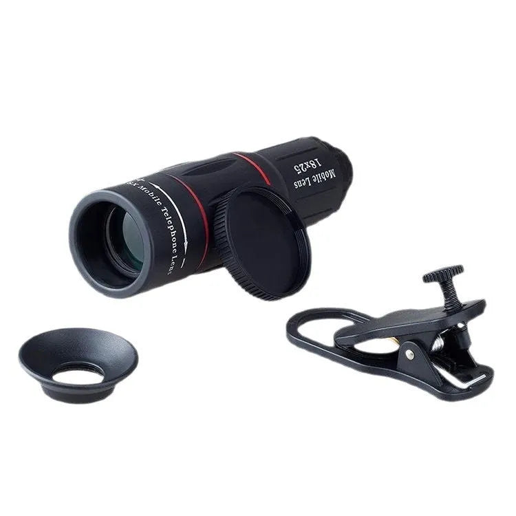 Mobile phone telephoto lens bracket set with monocular telescope and 18x magnification on standard configuration
