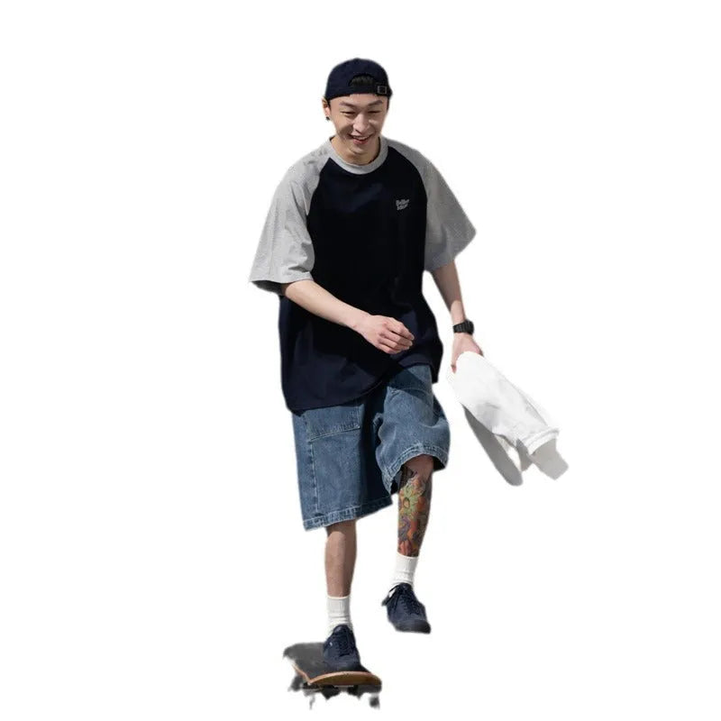 Casual blue raglan sleeve t-shirt with loose pullover style for men