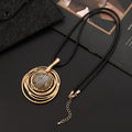Vintage women's sweater chain necklace with large round geometric pendant in gold finish